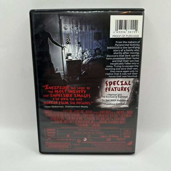 Insidious DVD 2010 PG13 Patrick Wilson Psychological Horror From James Wan - Picture 3 of 4